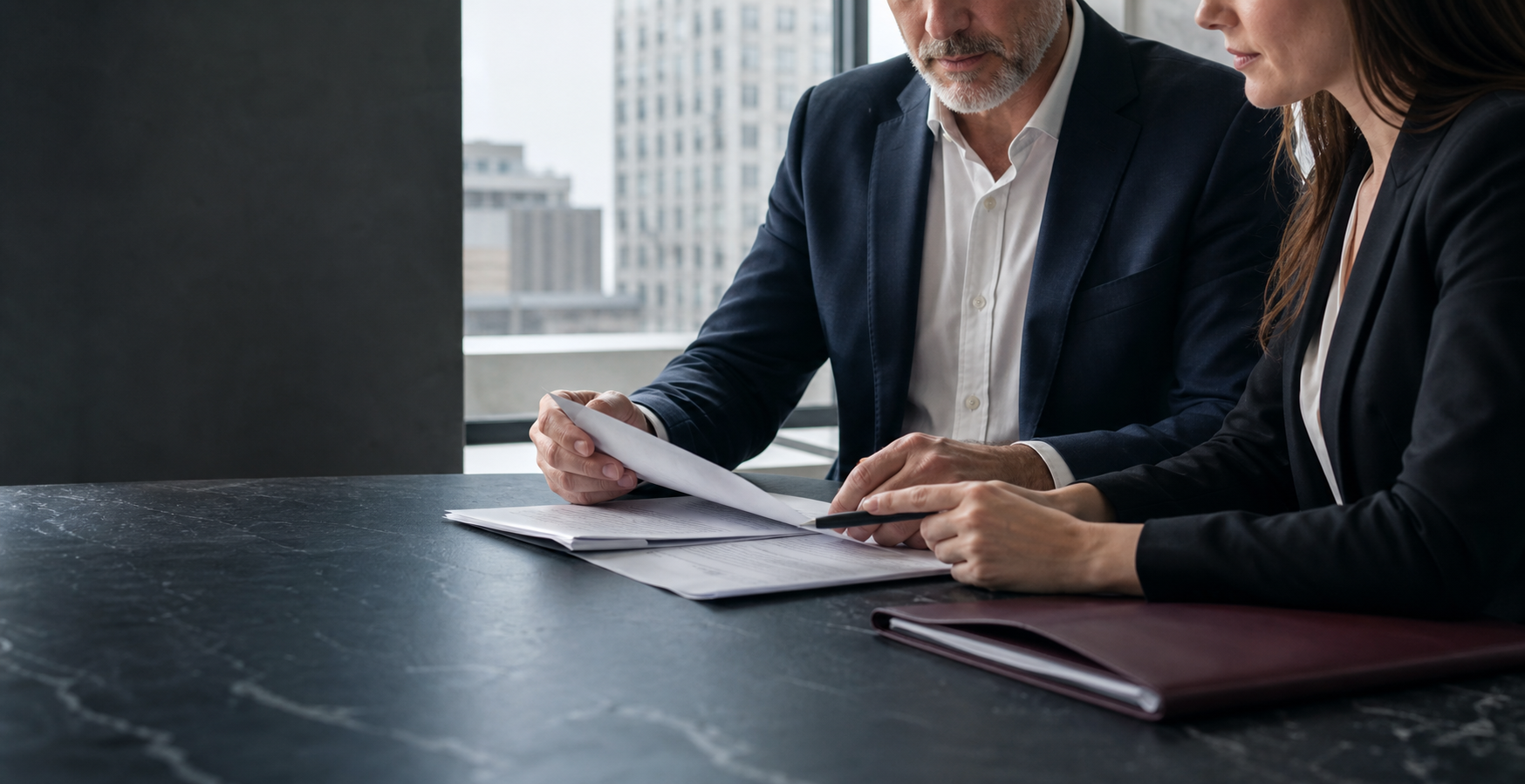 Lawyer and business owner reviewing unpaid commercial invoices